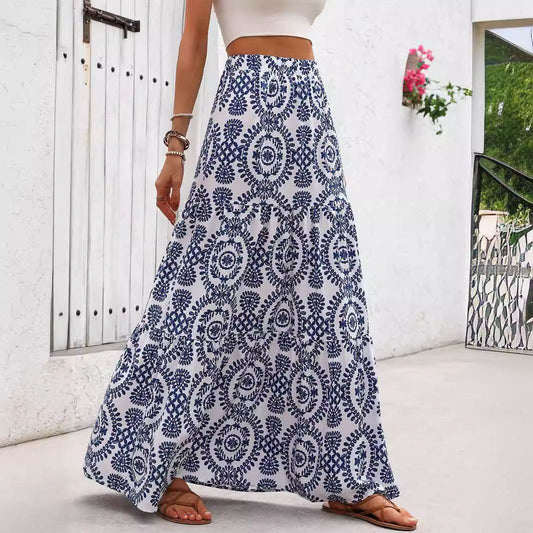 Stylish A-Line Swing Skirt - Blue and White Porcelain Print, Sizes S-XL - Buy Center US