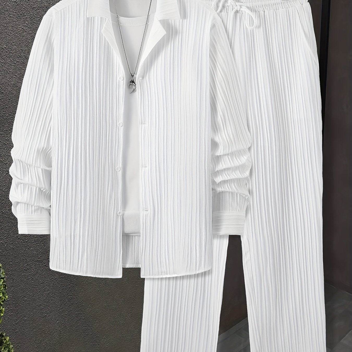 Stylish Men's Casual Suit Set - Striped Long-Sleeve Shirt & Pants - Buy Center US