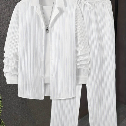 Stylish Men's Casual Suit Set - Striped Long-Sleeve Shirt & Pants - Buy Center US