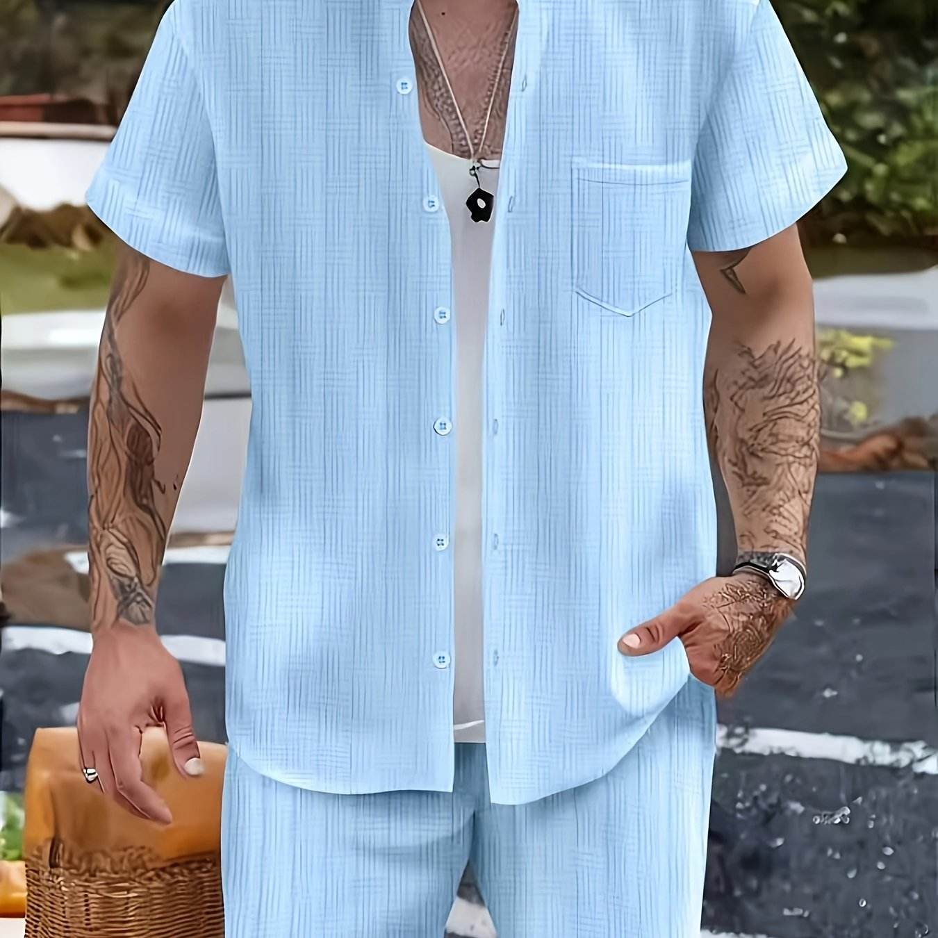 Men's Summer Casual 2-Piece Beach Outfit - Striped Short Sleeve Shirt & Shorts - Buy Center US
