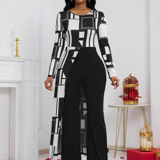 Elegant Geometric Print Jumpsuit - Long Sleeved for Autumn & Winter - Buy Center US