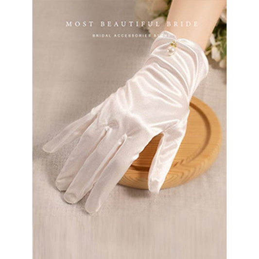White Satin Short Gloves with Lace & Pearl - Elegant Fashion Accessory - Buy Center US