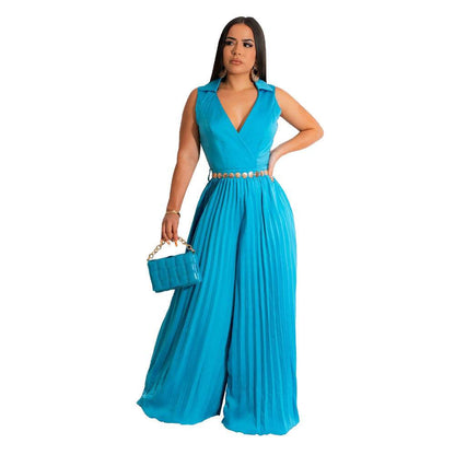 Cinched Pleated Wide Leg Jumpsuit - High Elasticity, Stylish Fit - Buy Center US