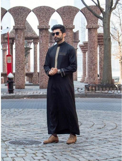 Buycenter Men's Long Sleeve Casual Ethnic Robe - Embroidered Plaid Design - Buy Center US