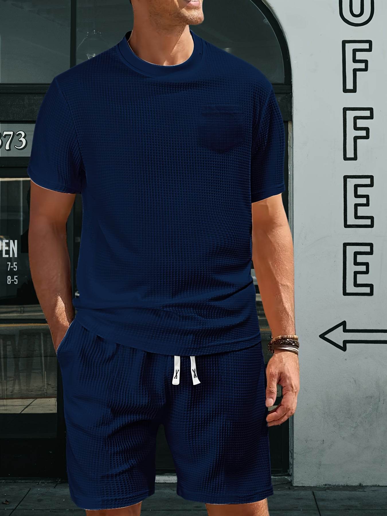 Casual Men's Sports Outfit - Waffle Henley T-Shirt & Stylish Beach Shorts - Buy Center US