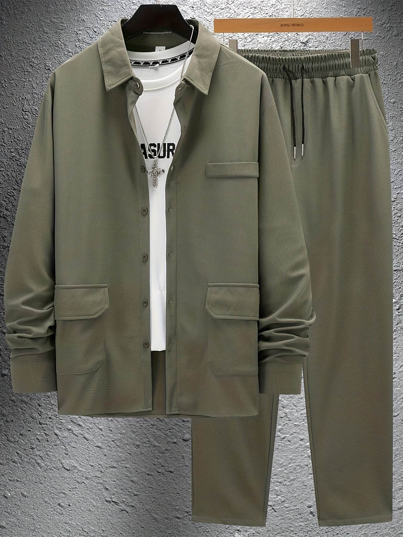 Men's Versatile Long-Sleeve Shirt & Jogger Set - 8 Shades for Every Occasion - Buy Center US