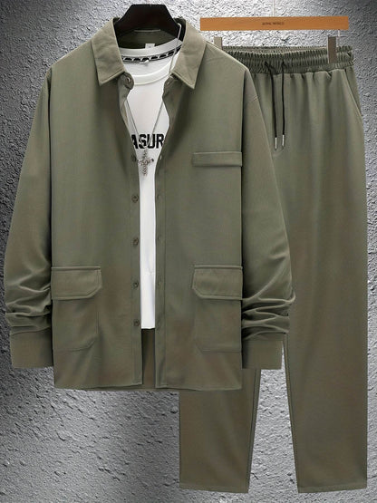 Men's Versatile Long-Sleeve Shirt & Jogger Set - 8 Shades for Every Occasion - Buy Center US