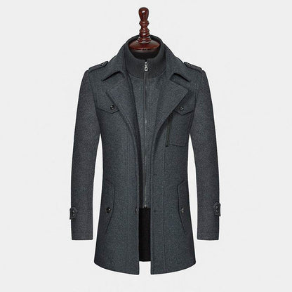 Buycenter Men's Woolen Coat - Double Collar, Standard Zipper Jacket - Buy Center US