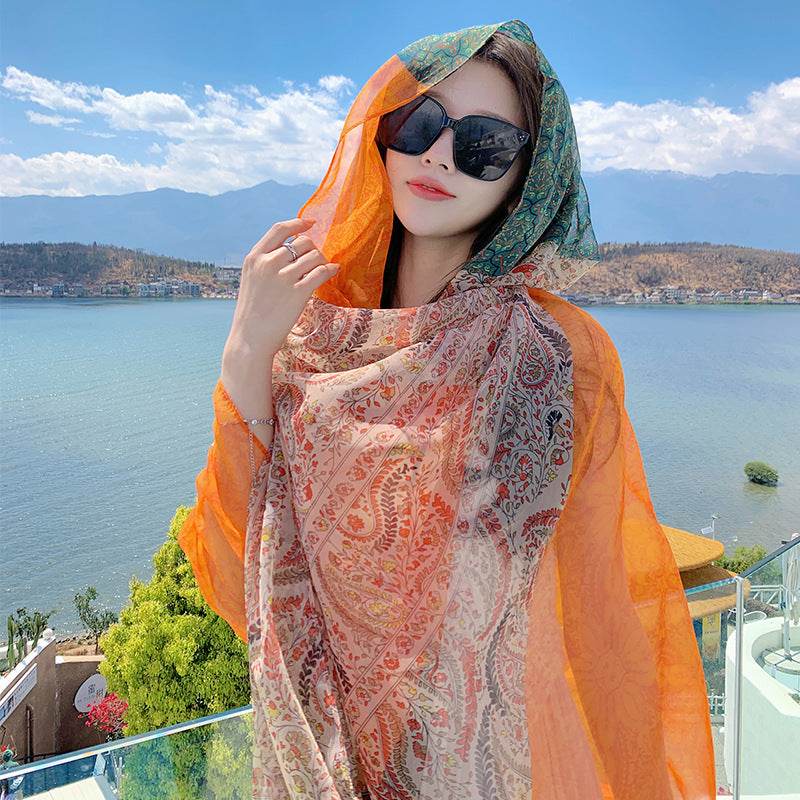 Versatile Silk Scarf for Sun Protection - Bohemian Floral Design 180x125cm - Buy Center US
