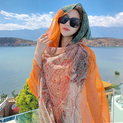 Versatile Silk Scarf for Sun Protection - Bohemian Floral Design 180x125cm - Buy Center US