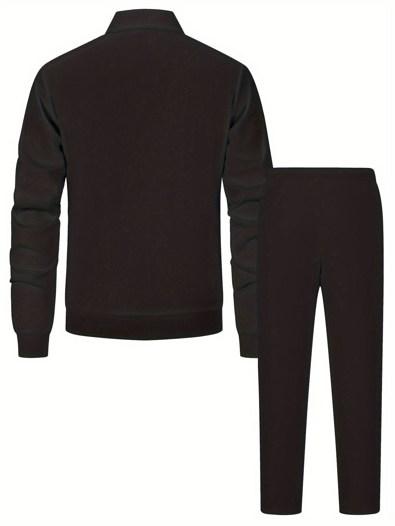 Men's Solid Color Knitted Tracksuit Set - Long Sleeve Jacket & Pants - Buy Center US