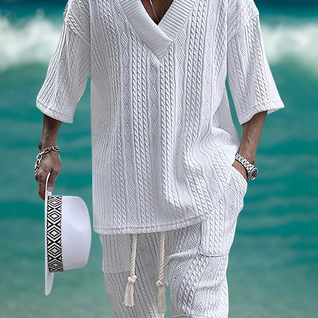 2024 Men's Summer Jacquard Leisure Suit - Short Sleeve V-Neck Two-Piece - Buy Center US