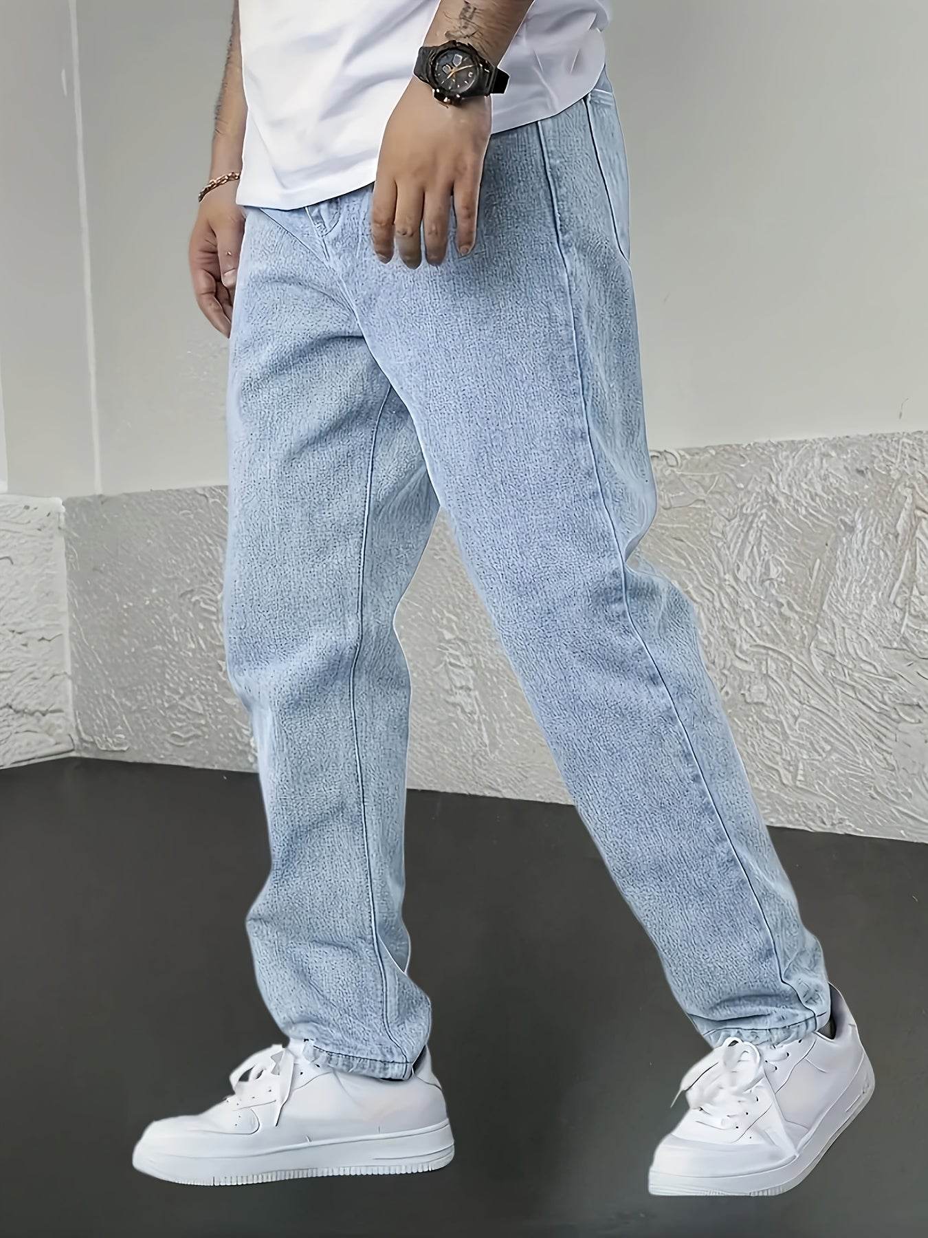 Men's Denim Jeans - Fashionable Light Blue Straight-Leg Style with Pockets - Buy Center US