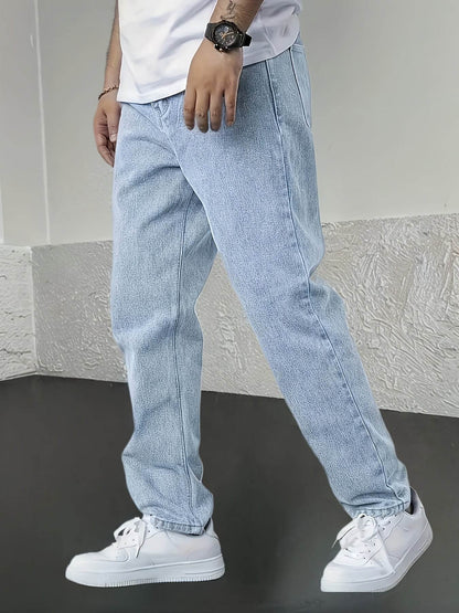 Men's Denim Jeans - Fashionable Light Blue Straight-Leg Style with Pockets - Buy Center US