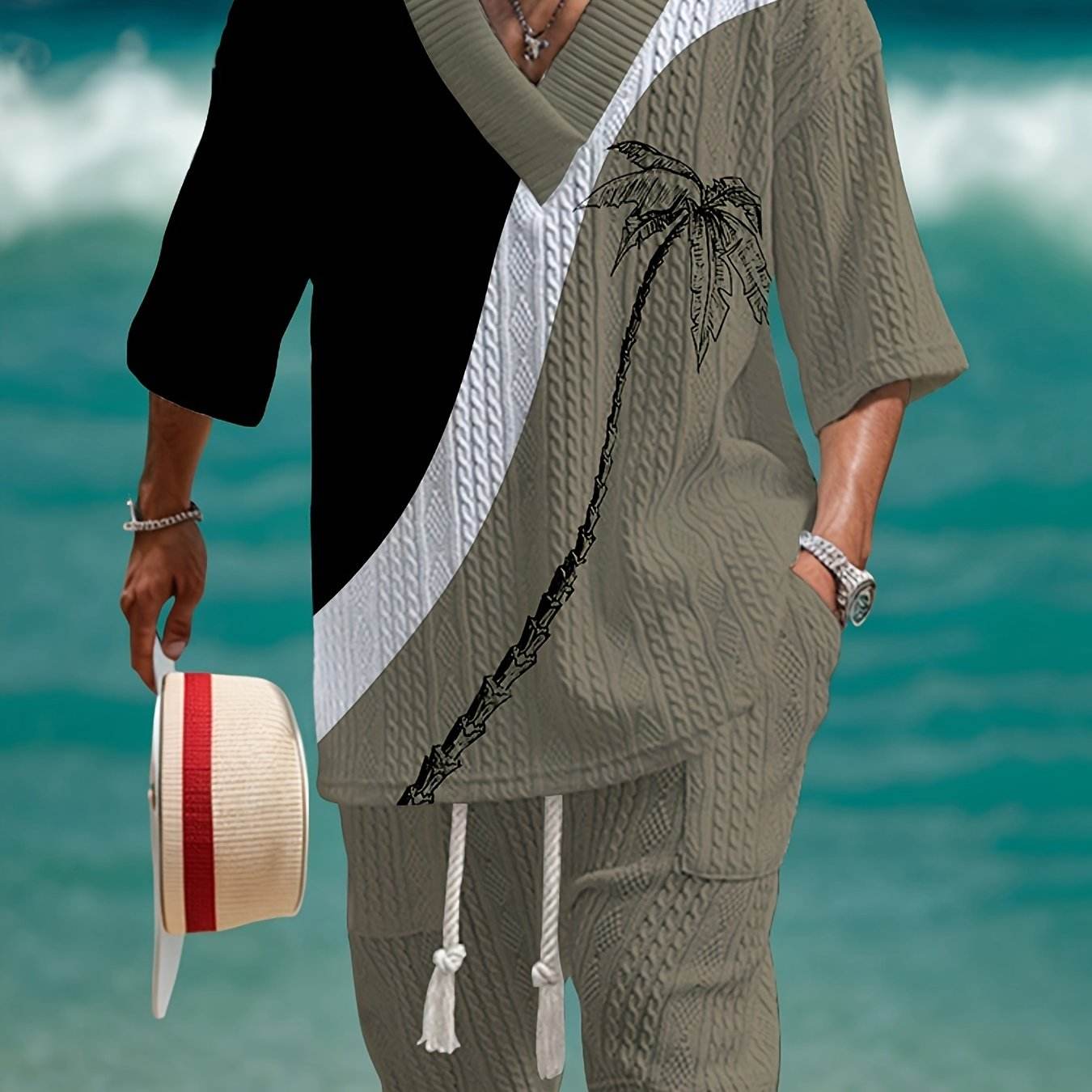 Men's Casual Knit Sweater Set - V-Neck & Drawstring Shorts in Black/Olive - Buy Center US