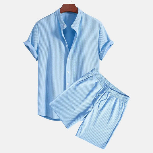 Buycenter Men's Casual Beachwear Set - Stripe Short Sleeve & Shorts - Buy Center US