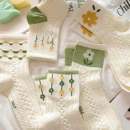 Cute Women's Summer Mid-Calf Socks - Flower & Stripe Patterns, 5 Pairs - Buy Center US
