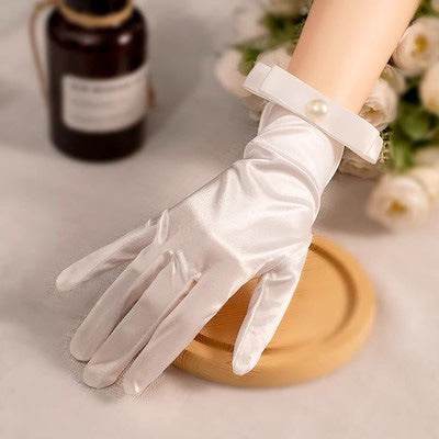 White Satin Short Gloves with Lace & Pearl - Elegant Fashion Accessory - Buy Center US