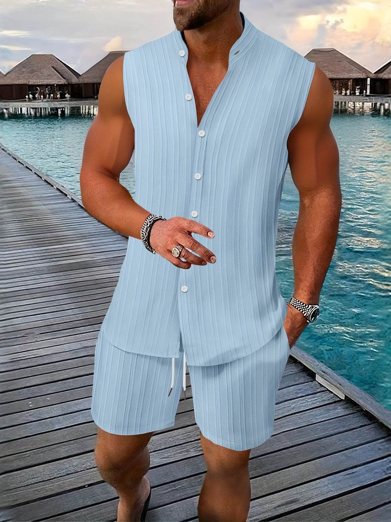 Summer Men's Casual Henley Neck Tank Top & Shorts Beach Set - Buy Center US