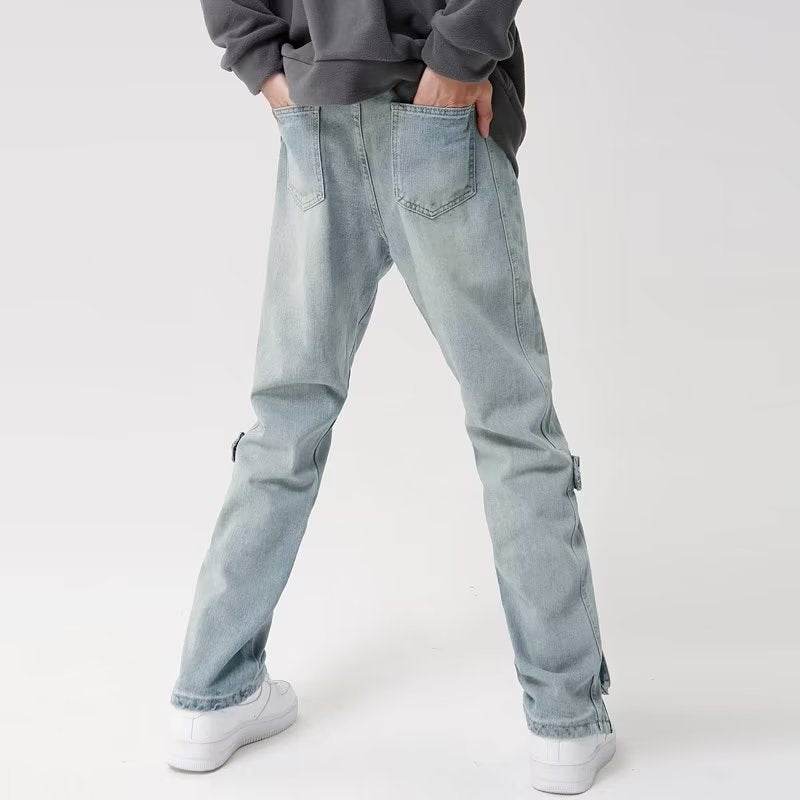 Retro Wide Leg Straight Jeans - American Style Light Blue Water Scrubbing - Buy Center US