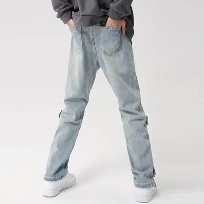 Retro Wide Leg Straight Jeans - American Style Light Blue Water Scrubbing - Buy Center US
