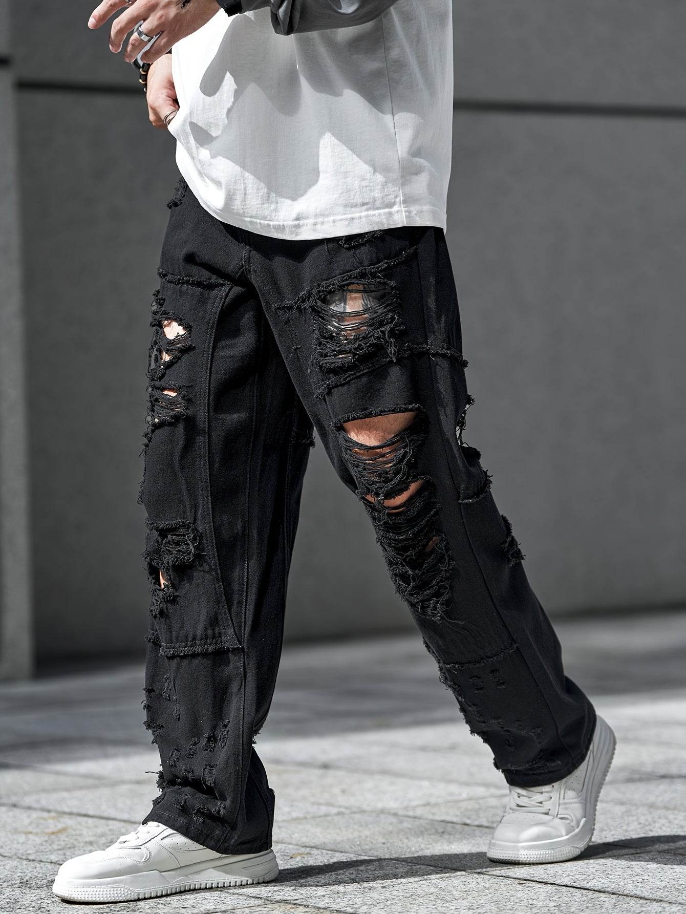 Urban Chic Men's Ripped Jeans - Loose Fit Wide Leg Design for Casual Wear - Buy Center US
