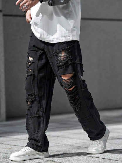 Urban Chic Men's Ripped Jeans - Loose Fit Wide Leg Design for Casual Wear - Buy Center US