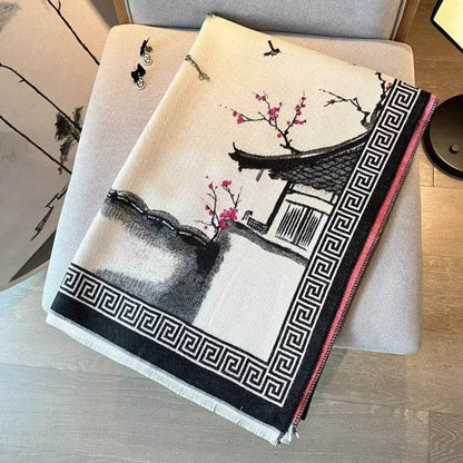 Chinese Aesthetic Ink Painting Shawl - Warm Cotton Scarf for Winter - Buy Center US