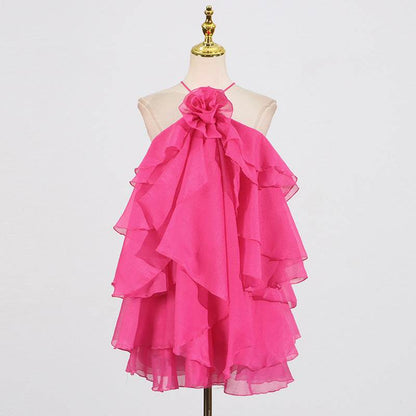 Halter Flower Design Lace-Up Dress - Asymmetric Skirt in Orange, Rose, Pink - Buy Center US