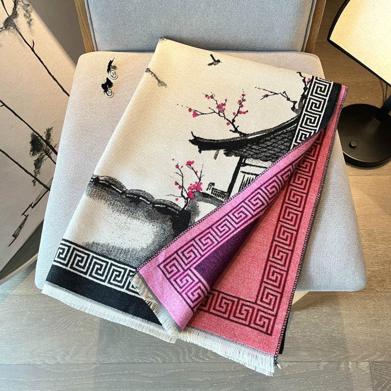 Chinese Aesthetic Ink Painting Shawl - Warm Cotton Scarf for Winter - Buy Center US