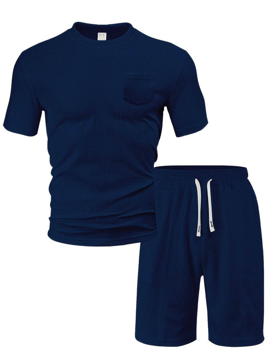 Casual Men's Sports Outfit - Waffle Henley T-Shirt & Stylish Beach Shorts - Buy Center US