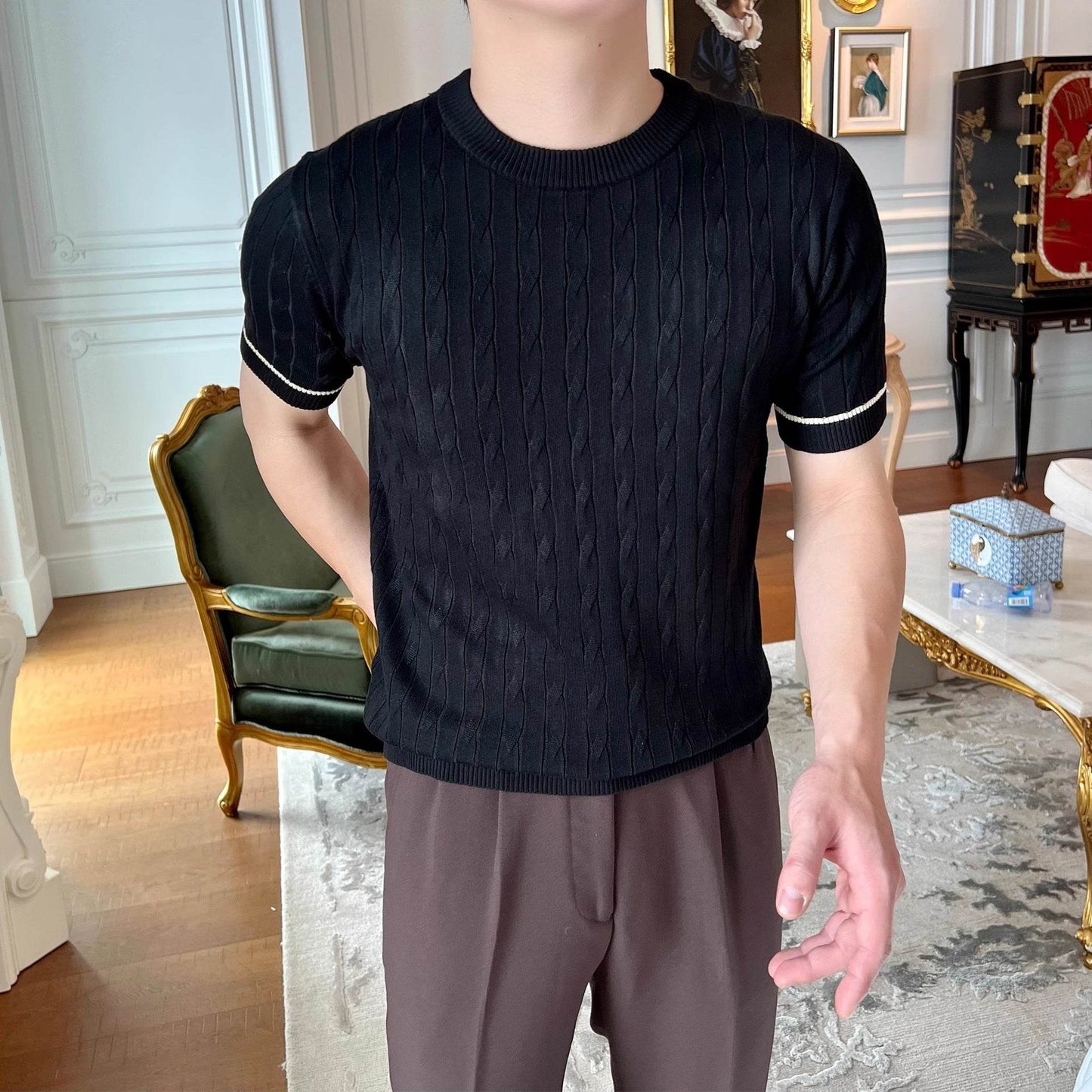 Stylish Men's Weaving Knitted T-shirt - Round Neck, Short Sleeve - Buy Center US