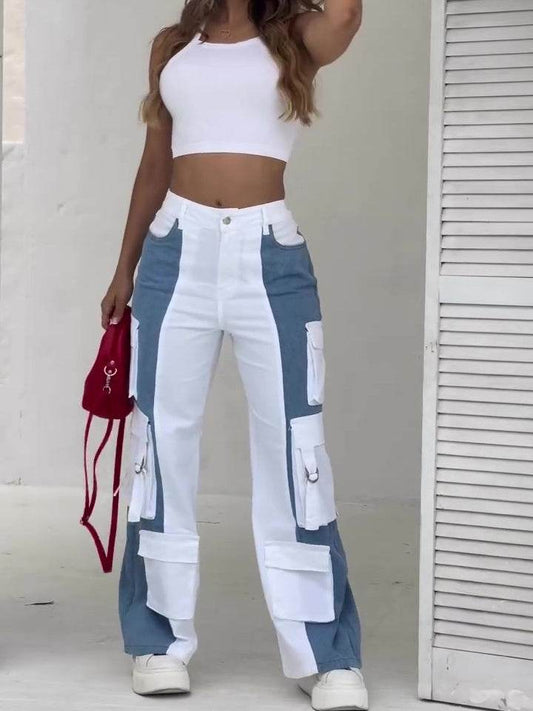 Elegant Contrast Pocket Cargo Jeans - Regular Fit, Patchwork Design - Buy Center US