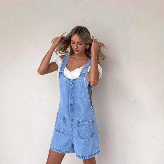Women's Slim Straight Suspender Trousers - Denim Blue One-Piece Style - Buy Center US