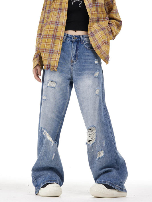Women's Ripped Washed Blue Jeans - Micro-Elastic, Straight-Leg Style - Buy Center US