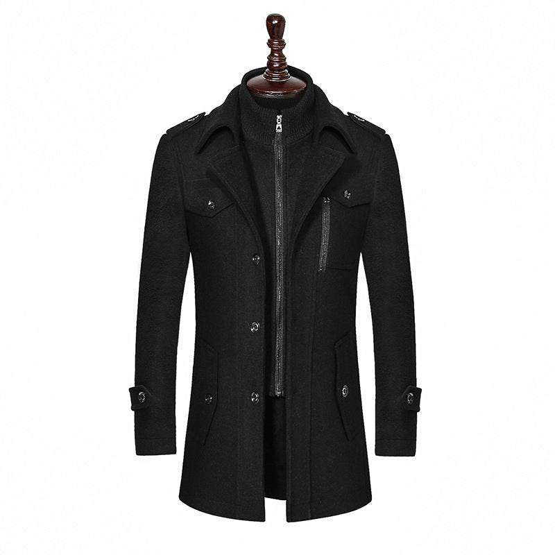 Buycenter Men's Woolen Coat - Double Collar, Standard Zipper Jacket - Buy Center US