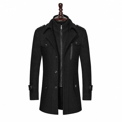 Buycenter Men's Woolen Coat - Double Collar, Standard Zipper Jacket - Buy Center US
