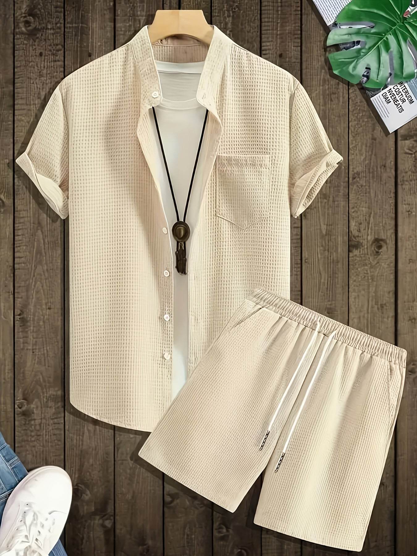 Men's Solid Color Jacquard Shirt & Drawstring Shorts Set - Casual Style - Buy Center US