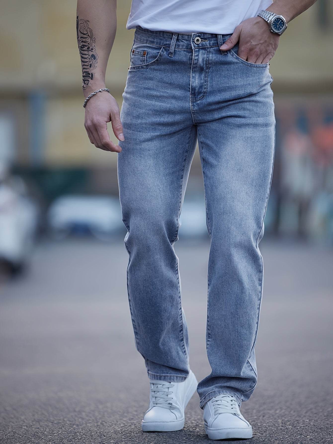Men's Light Blue Washed Jeans - Embroidered, Relaxed Fit for Casual Style - Buy Center US