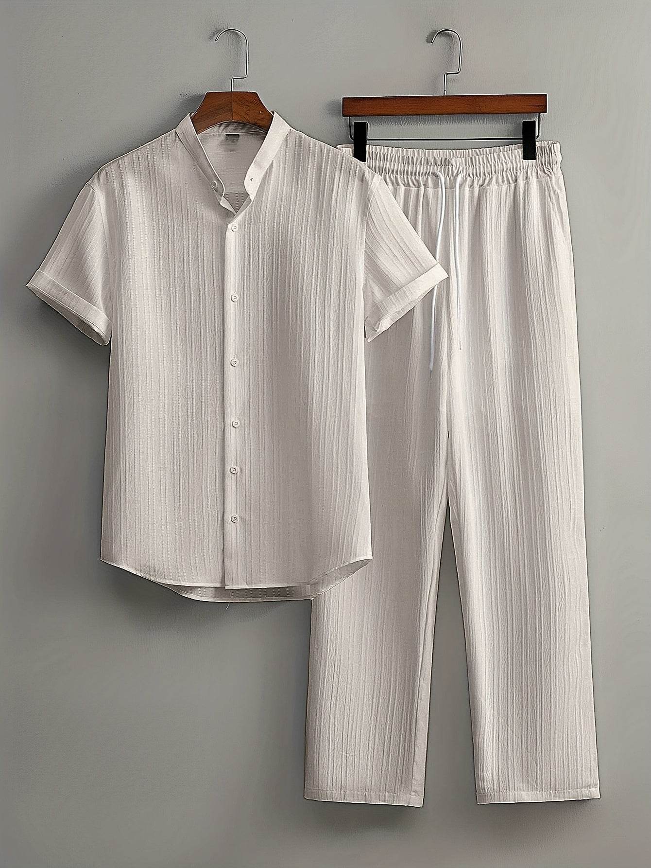 Men's Summer Striped Suit Set - Short Sleeve Shirt & Drawstring Pants - Buy Center US