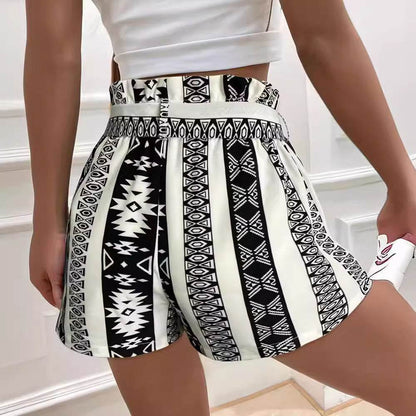 Printed Casual Shorts for Women - High Waist Commuter Style, Belted Design - Buy Center US