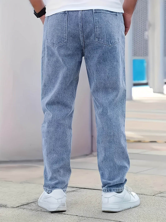 Loose Fit Washed Blue Denim Jeans - All-Season Casual Cotton Blend - Buy Center US