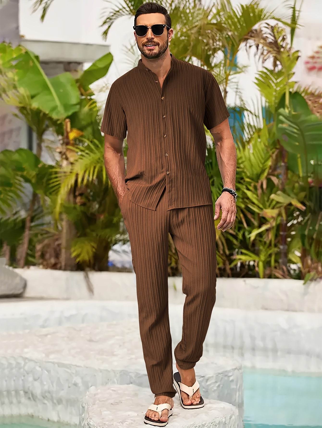Men's Casual Spring/Summer Textured Stripe Short Sleeve Pants Set - Buy Center US