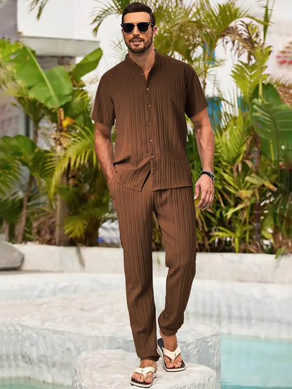 Men's Casual Spring/Summer Textured Stripe Short Sleeve Pants Set - Buy Center US