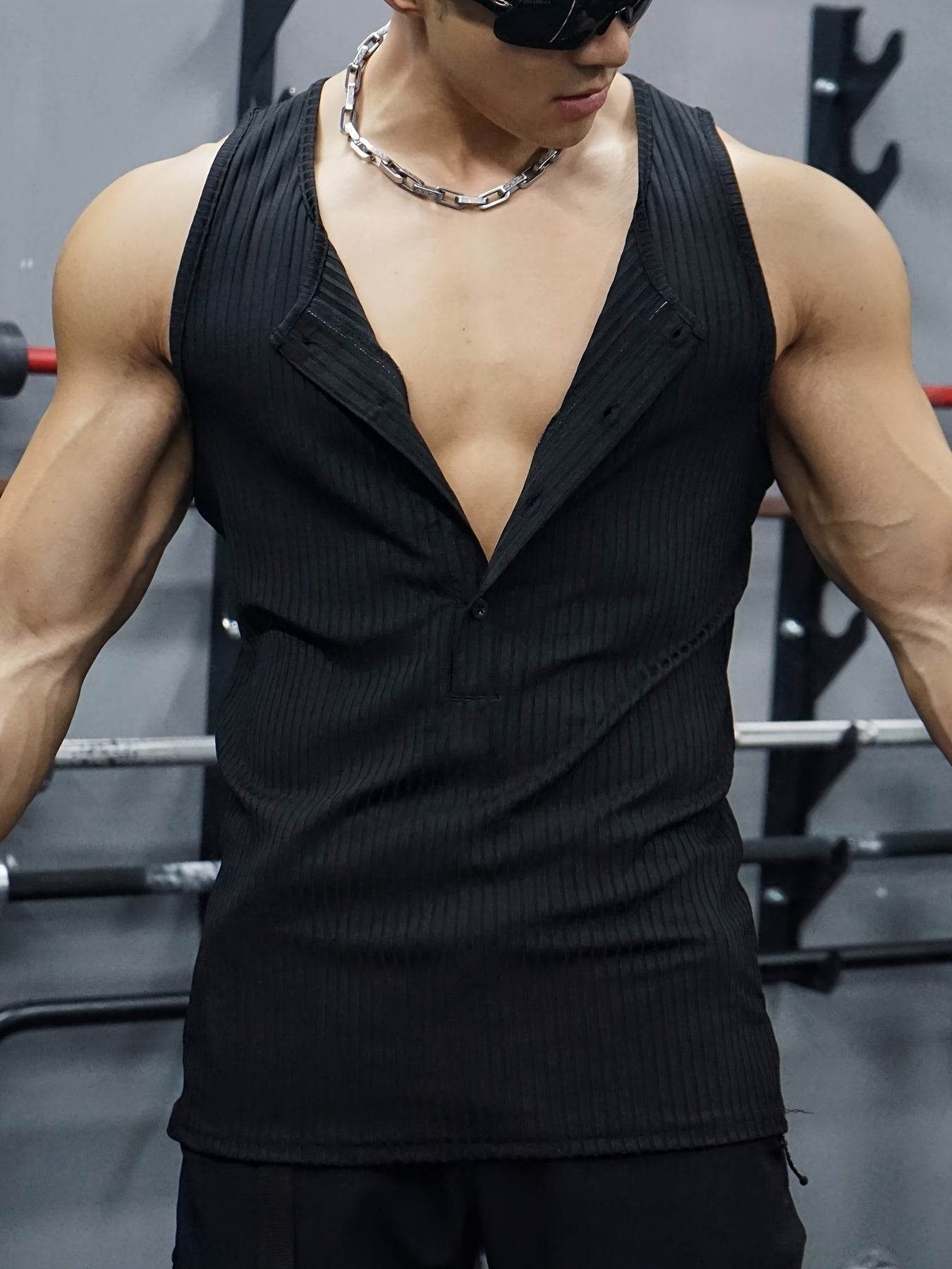 Men's Navy Blue Sleeveless Tank Top - V-Neck Button Closure for Summer - Buy Center US
