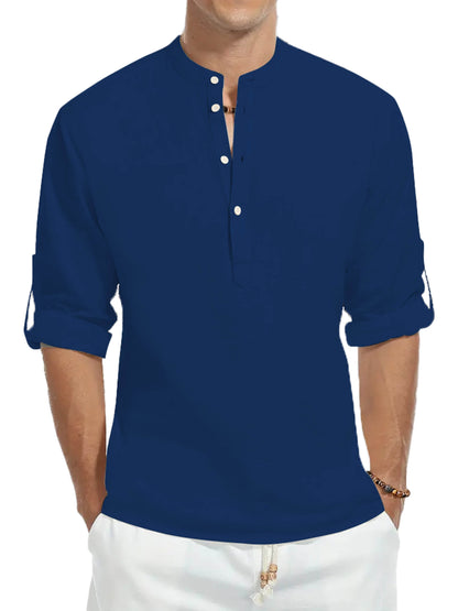 Men's 100% Cotton Long Sleeve Shirt - Casual Solid Color Stand Collar - Buy Center US