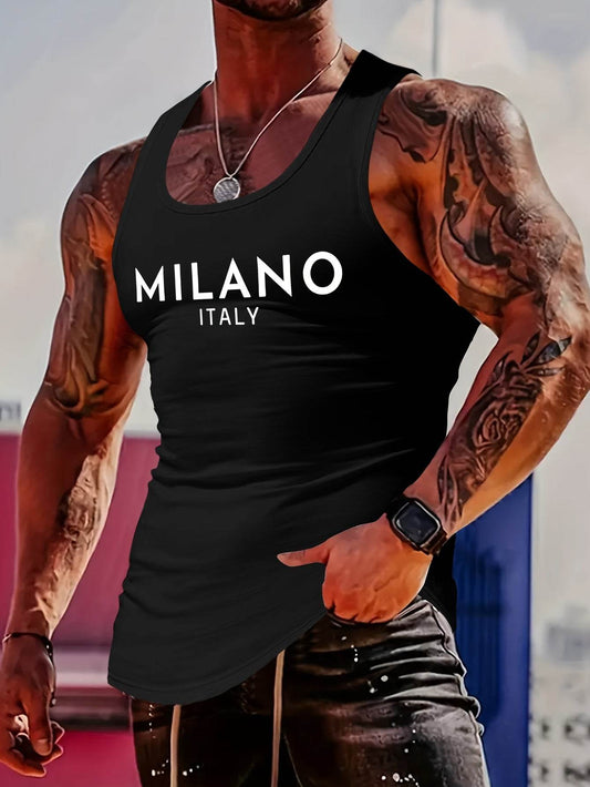 MBDMBD Men's Summer Tank Top - Sleek MILANO Italy Print, Crew Neck Fit - Buy Center US