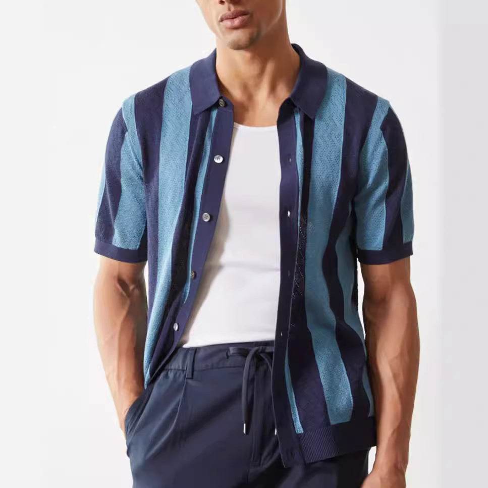 Men's Hollow Breathable Polo Shirt - Stylish Stripes in Blue, Sizes M-XXXL - Buy Center US