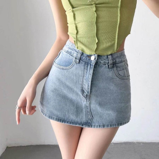 Sheath Ultra Short Denim Skirted Leggings - Trendy High Waist Styles - Buy Center US