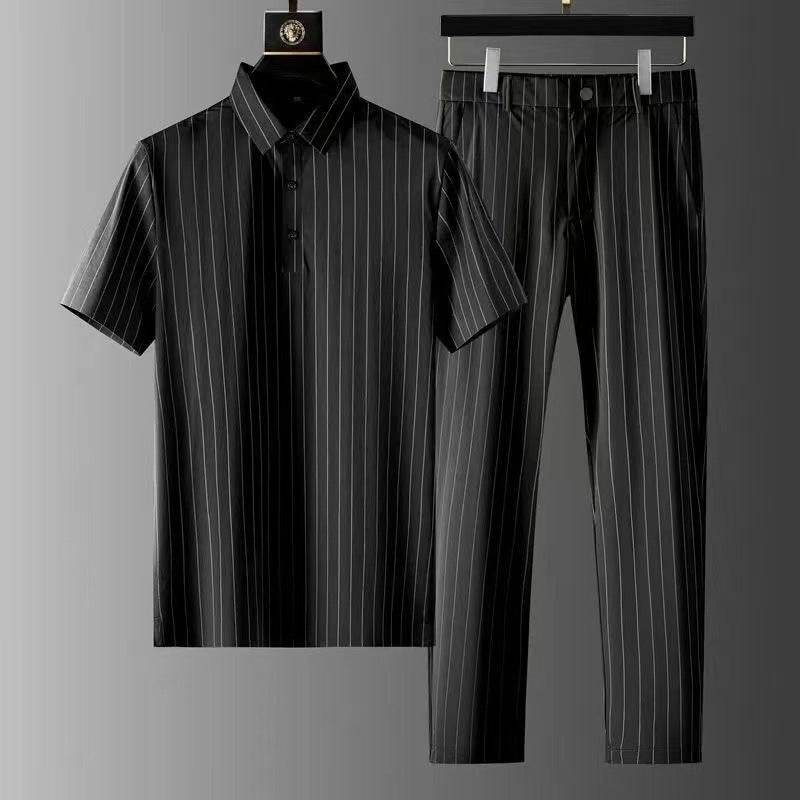 Buycenter Men's Ice Silk Casual Trousers Suit - Short Sleeve & Stylish - Buy Center US